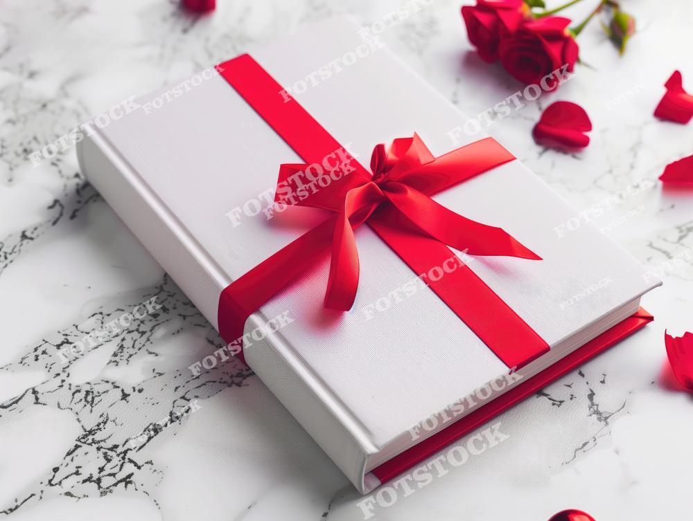 Изображение книги, украшенной красной лентой, на фоне лепестков роз. Этот романтический подарок идеально подходит для особых случаев, таких как День святого Валентина или юбилей.